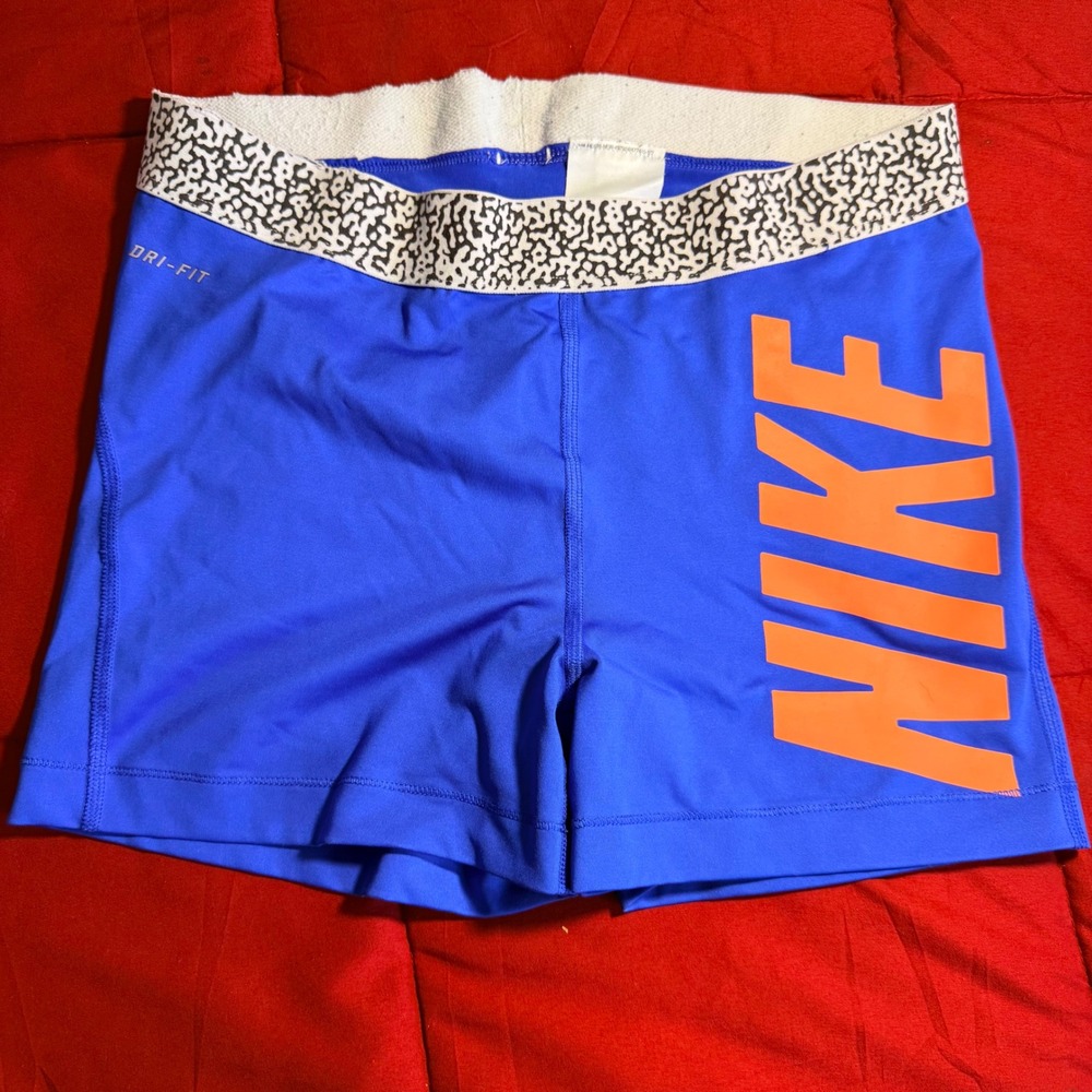 Nike Pro Shorts Compression Graphic Blue Orange Safari Waistband Women Large